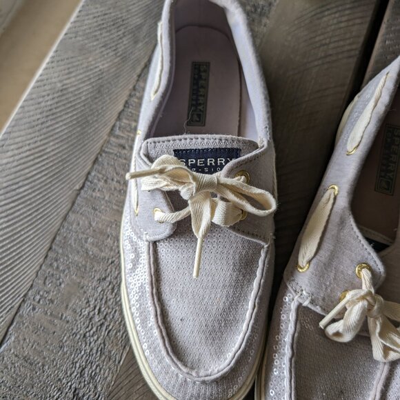 Sperry Sequin Sparkle Glitter Silver Gray Deck Boat Slip on Shoes Size 8.5 - Picture 3 of 10